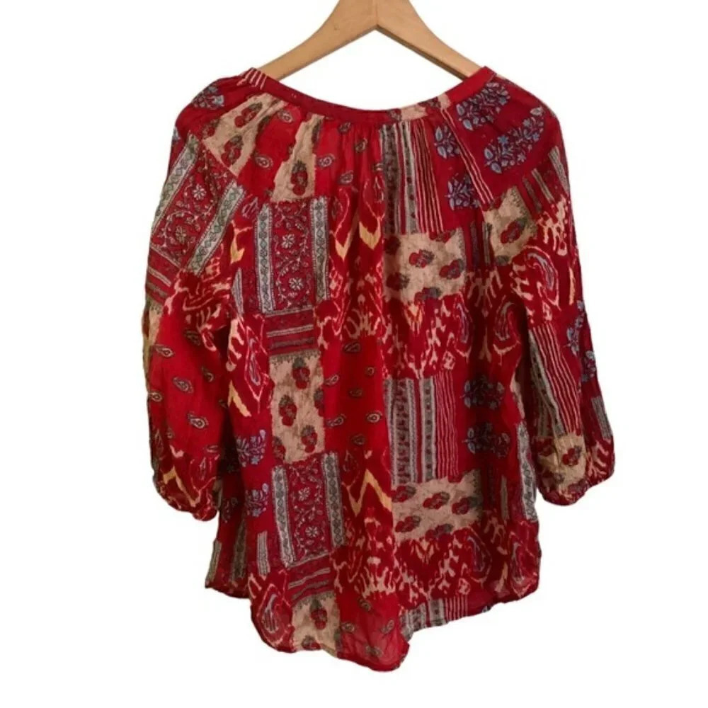 Chaps Patchwork Peasant Blouse Boho Aztec - image 5